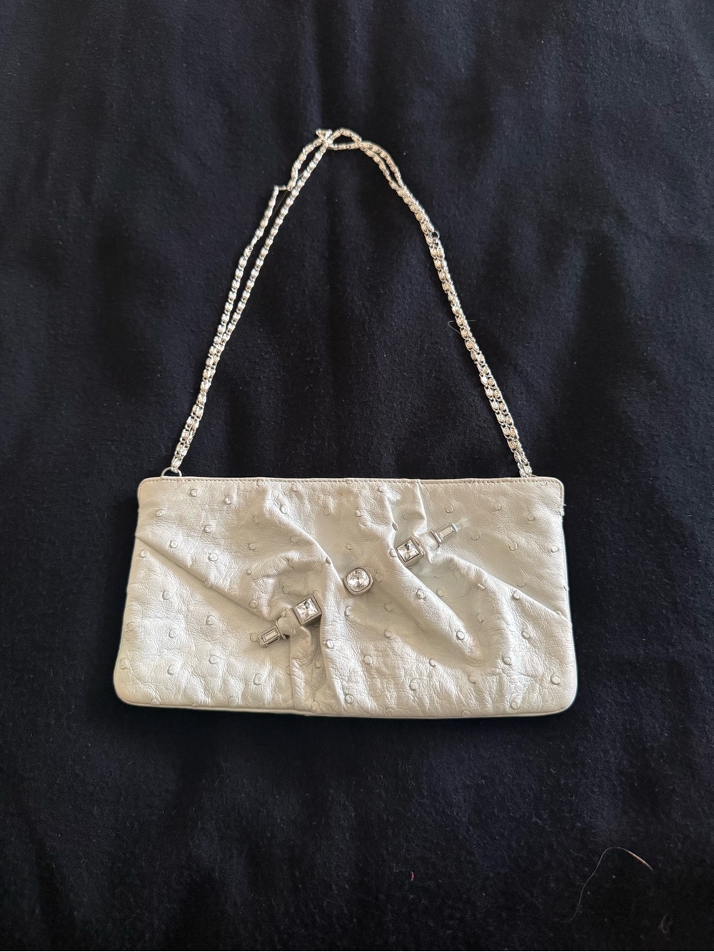 Judith Leiber Ivory Ostrich Leather Jeweled Clutch